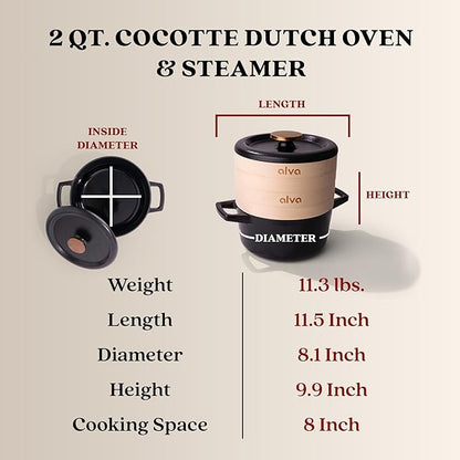 Alva Nori 2.6-Qt Enameled Cast Iron Dutch Oven Steamer Set – Made With No PTFE/PFOA/PFAS, Oven & Induction Safe – 3-Layer Enamel, No Seasoning Needed – Durable, Easy-Clean Cocotte with 2 Steamer Inserts