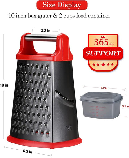Ourokhome Cheese Grater with Handle, Stainless Steel Box Grater, 4 Side Kitchen Vegetable Shredder Slicer Zester with Container for Parmesan, Cabbage, Ginger, Lemon, Chocolate, Coconut (Red and Black)