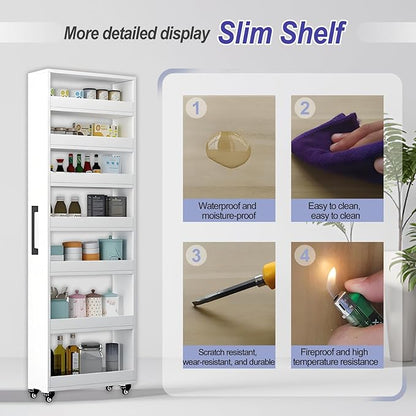 7-Tier Slim Storage Cart, Wooden Rolling Pantry Cabinet with Wheels, Narrow Shelf Organizer for Kitchen, Bakers Rack, Dining Room, Closet, Small Spaces Teak 47.2" H*9.8" W*16.9" D