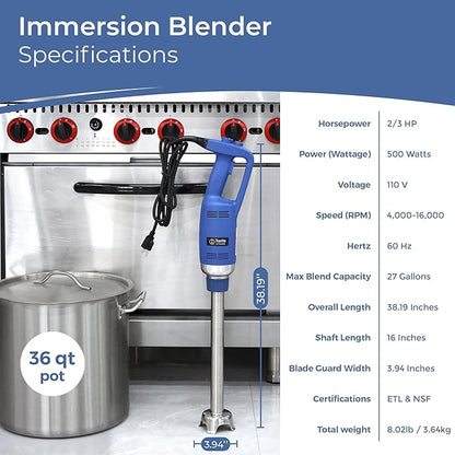TK Commercial Immersion Blender, 500 Watt/.5 HP Variable Speed Motor, 16,000 RPM Heavy Duty with Performance Assurance - 16"