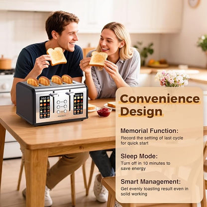4 Slice Touch Screen Toaster, Stainless Steel Toaster with Wide Slots for Bagels and Bread, Reheat/Defrost/Cancel Functions, Removable Crumb Tray, Matt Black