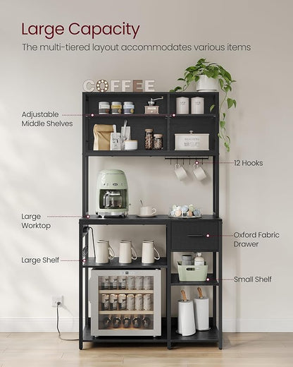 VASAGLE Bakers Rack with Charging Station, Coffee Bar with Adjustable Storage Shelves, Fabric Drawer, 12 Hooks, 15.7 x 39.4 x 71 Inches, Kitchen Microwave Stand, Charcoal Gray and Ink Black UKKS027B01