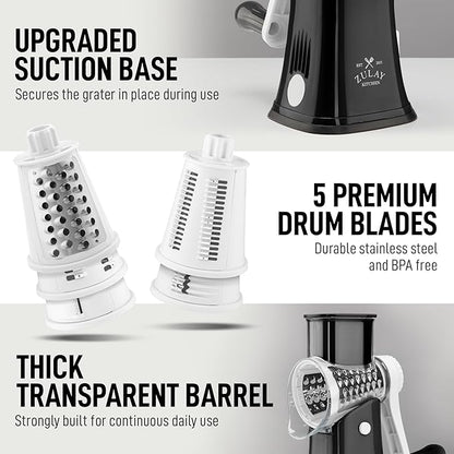 Zulay Kitchen Rotary Cheese Grater 5 Blade Cheese Shredder - Manual Hand Crank Cheese Grater With Reinforced Suction & 5 Interchangeable Drums - Easy to Use, Vegetable Chopper Round Mandoline Slicer