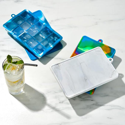 Host Ice Cube Tray with Lid, Makes 15 1.25" Cubes, Durable Silicone Trays, Perfect for Cocktails, Beverages, Mocktails, Iced Coffee, Tea, Infused Water, Kitchen Essentials, Set of 1, Blue Marble