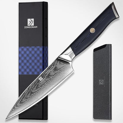 Utility Knife,5.5inch Damascus knife,67-Layer High Carbon Stainless Steel Kitchen Knife,Professiona Sharp Cutting Knives with Ergonomic Blue G10 Handle,Gift Box for Home and Kitchen Birthday Gift