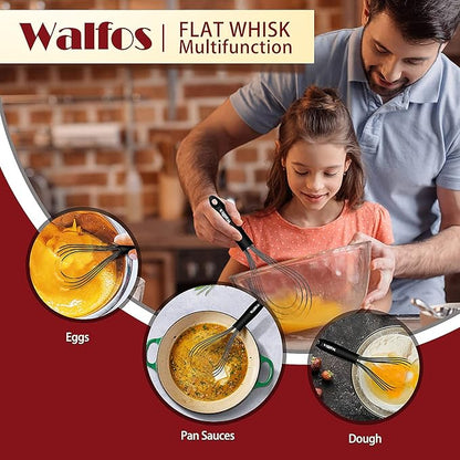 Walfos Silicone Flat Whisk,11inch Flat Whisk Non Scratch Coated Flat Whisks for Cooking.Great for Ceramic Coated pans and Wider shallower pots.Black