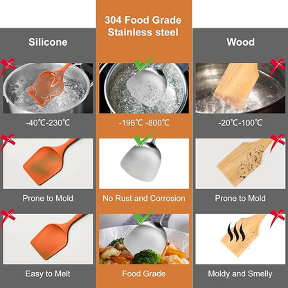 304 Stainless Steel Kitchen Utensils Set, 2 Pcs Long Metal Utensils Set with Spatula, Slotted Spatula Turner (Dishwasher Safe)