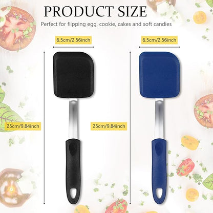 Silicone Cookie Spatula Turner 2 Pack Mini Brownie Spatula Flexible Kitchen Small Silicone Turner for Nonstick Cookware Heat Resistant No Scratch Flipper for Egg Pancake(Black,Blue)