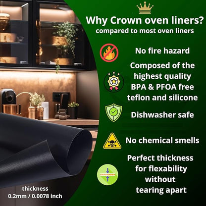 Crown Oven Liners for Bottom of Oven - 3 Pack Silicone BPA & PFOA Free Heavy Duty Heat Resistant Teflon Sheets for Electric, Grills, Baking and Gas Stove Burner