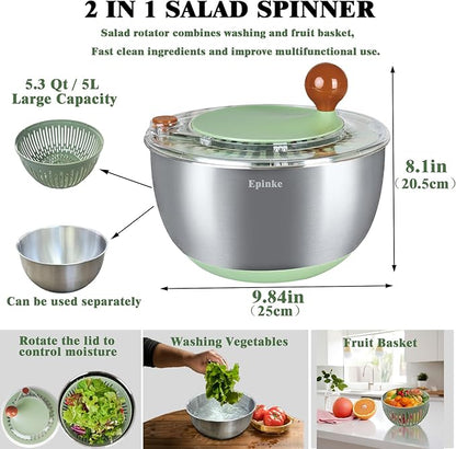 5.3Qt Stainless Steel Salad Spinner with Stop Button, Vegetable Dryer Spinner, Salad Spinner Stainless Steel with Drain, Non-Slip Base, Dishwasher Safe
