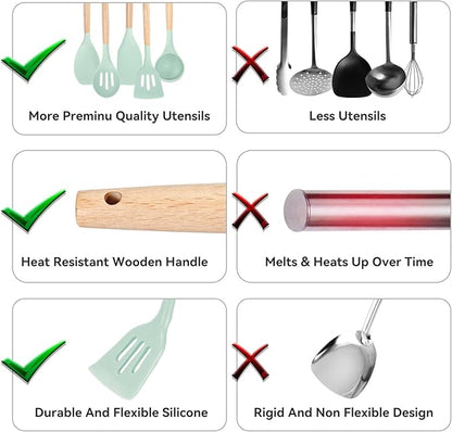 Kitchen Utensils Set, 5 Pcs Non-Stick Silicone Kitchen Cooking Utensils with Wooden Handle, Kitchen Spatula Cookware Utensils Set, Heat Resistant Silicone Kitchen Gadgets (Light Green)