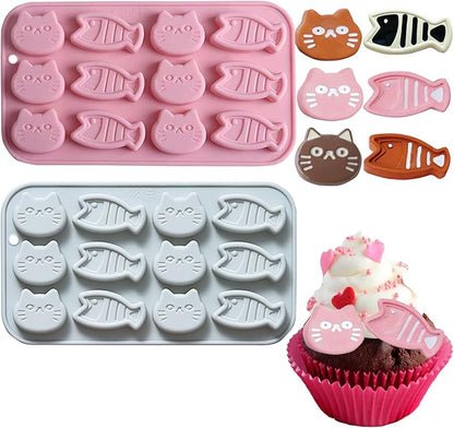 2PCS Chocolate Silicone Molds, 12 Cavity Cartoon Cat Mold Cat Treat Molds, Mini Fish Shape Silicone Mold Animals Candy Mold for Sugar, Candy, Chocolate