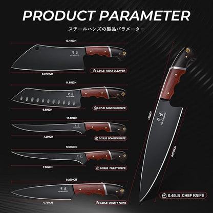 Kitchen Knife Set with Bag - 6 PCS Chef Knife Set - Cleaver, Boning, Fillet, Santoku, Kitchent Utility Knife, Chef Knife with Full Tang Wooden Handle, Butcher Knife Set for Men, Ideal Gift