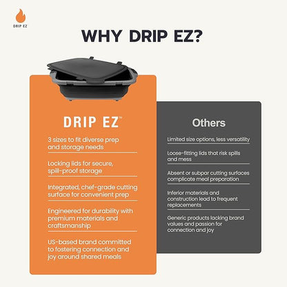 Drip EZ Collapsible BBQ Prep Tubs 3-Piece Set - For Meal Prep Marinating Food Storage - Includes Cutting Board & Lid - (1) JR + (1) OG + (1) XL - Sandstone