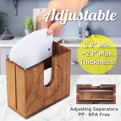 Large Adjustable Bagel Slicer Holder | Acacia Wood Bagel Cutting Holder with Width-Adjustable Slots for Small & Large Bagels, Buns & English Muffins, Knife Groove & Non-Slip Base