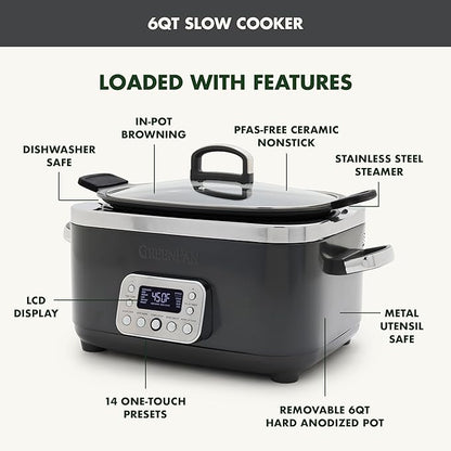 GreenPan Elite 8-in-1 Programmable 6QT Electric Slow Cooker, Dishwasher Safe Lid & Removable Crock, PFAS-Free Healthy Ceramic Nonstick Multi-Cooker, Sear,Sauté/Brown,Steam Basket,Roast, Graphite