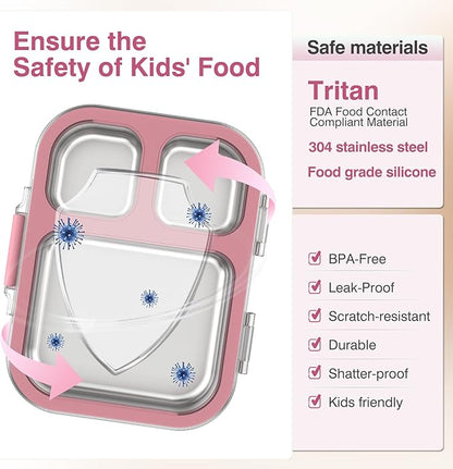 Stainless Steel Lunch Box, 3 Compartments Metal Bento Box for Kids Adults, Leak-Proof Lunch Box for School Office, Dishwasher Safe, BPA-Free, Tritan Lid, Pink