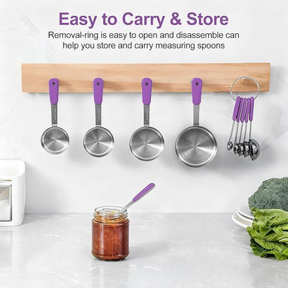 Measuring Cups and Spoons Set, Stainless Steel 10 Piece for Cooking and Baking (5 Cups + 5 Spoons, Purple Handle)