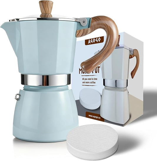 AGOGO Milano Moka Pot, Stovetop Espresso Maker, Greca, Coffee Percolator, Turkish Coffee Maker with Paper Filter 6 Cup Lake Blue