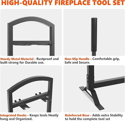 6 Pcs Fireplace Tools Set with Log Carrier, HXJLJY 34" Fireplace Accessories Sturdy Fire Tool Set Holder with Fire Poker Brush Shovel Tong Stand for Indoor Fireplace Outdoor Fire Pit Wood Stove, Arch
