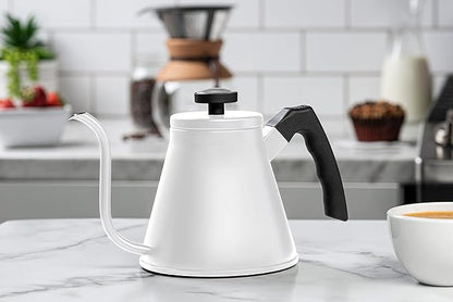 Kook Gooseneck Kettle, Kettle Stovetop, with Thermometer, Tea Pot, for Pour Over Coffee & Tea, Temperature Gauge, Electric, Compatible for Gas Stovetop, 3 Ply Stainless Steel Base, 27 oz, (White)