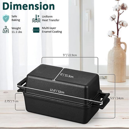 Leonyo 9 x 6 inch Cast Iron Loaf Pan with Lid, 2-in-1 Sourdough Baking Pan, Pre-seasoned Loaf Dutch Oven for Homemade Bread, Pound Cake, Lasagna, Up to 500℉ & Black