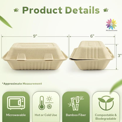 Mat Board Center, 9x 6x 3 inch, 250-Count Ribbed Hamburger Compostable Clamshell Bamware (Bamboo Fiber) Take-Out/to-Go Food Boxes-Biodegradable Containers Hinged Lid-Microwave-Safe-Gluten-Free