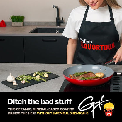 Guy Fieri's Flavortown 2-Piece Ceramic Cookware Set, Nonstick Frying Pan Set 10" and 12", Kitchen Cookware, Made without PFAS PTFE PFOA, Oven and Dishwasher Safe, Easy to Clean Everyday Cookware, Red