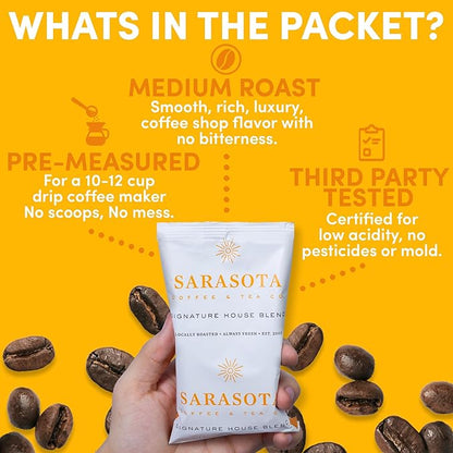 Sarasota Coffee Ground Packets | Gourmet Medium Roast Bulk Coffee Packs | Breakfast Blend | Low Acid Mold Free Singles Individual Pouches for 12 Cups Maker | 1.5 Ounce Bags, 42 Count