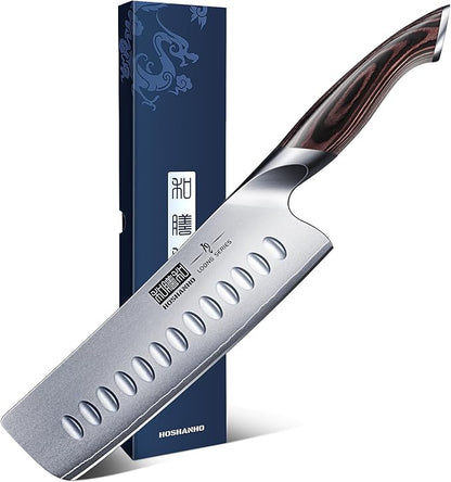 HOSHANHO 7 Inch Nakiri Knife, Japanese High Carbon Stainless Steel Chef Knife, Multipurpose Meat Vegetable Sharp Kitchen Knife with Ergonomic Pakkawood Handle