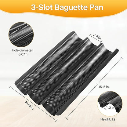 French Baguette Bread Pan, 3 Loaf Bread Pan Nonstick, Perforated Baguette Tray, Oven Safe, Health Homemade Bread Baking Supplies with Couche, 15x11 Inch, Round Corner and Heat Evenly, Black
