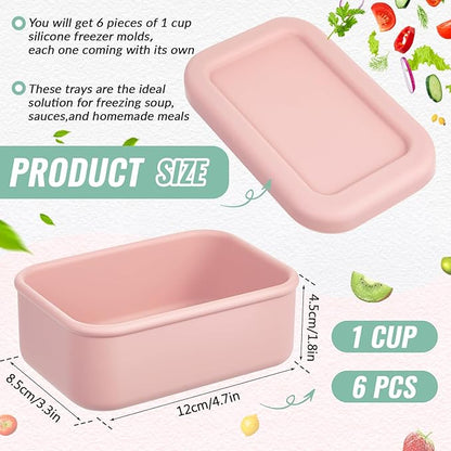6 Packs 1 Cup Silicone Soup Freezer Molds with Lid Silicone Soup Freezer Trays Rectangle Reusable Food Preserving Tray Freezing Sauces Stews(Pink, Sage Green)