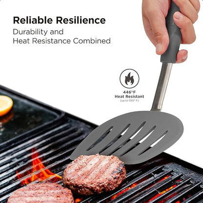 Kitchen Mama WaltzGrip Platinum Silicone Pancake Spatula Turner: Heat Resistant Flexible, Stainless Steel Core, Nonstick, Dishwasher Safe, Flipper – Ideal Kitchen Cookware Egg, Fish, Meat (Metal Gray)