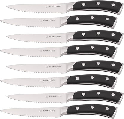 DURA LIVING 8-Piece Serrated Kitchen Steak Knife Set – Forged High Carbon Stainless Steel, Ultra Sharp, Ergonomic Black Handles, Durable Dinner Knives, Black Handle
