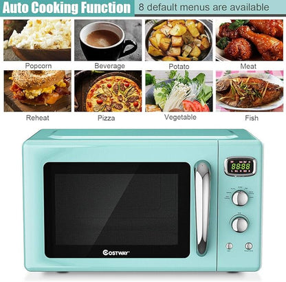 COSTWAY Retro Countertop Microwave Oven, 0.9Cu.ft, 900W Microwave Oven, with 5 Micro Power, Defrost & Auto Cooking Function, LED Display, Glass Turntable and Viewing Window, Child Lock