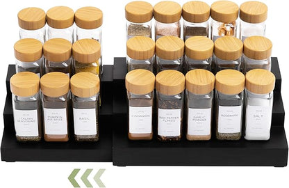 KitchenEdge Expandable Spice Rack Organizer for Cabinet, 3-Tier Shelf for Spice Organization (11” to 22”), Fits 36 Spice Jars, Seasoning and Pantry Storage, Non-Slip Feet, 100% Bamboo, Black Finish