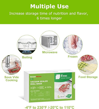 [2025 Upgraded] Bonsenkitchen 6 Rolls 11" x 16' Vacuum Sealer Bags for Food with a Color Box, Easy to Store, Commercial Grade, BPA Free, Great for Food Storage or Sous Vide, VB21