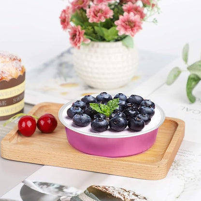 Beasea Mini Pie Pans with Lids, 4 Inch 50 Pack Disposable Aluminum Tart Pans, 8 Oz Pink, Round Oven Baking Mini Cake Pan for Pie Tart Quiche