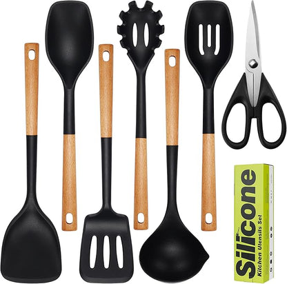 Large Silicone Cooking Utensils Set 7 Pcs, Wooden Handles Heat Resistant Spatula Set, Food Grade Silicone Kitchen Utensils Set with Holder, Gadgets BPA Free for Non-Stick Cookware
