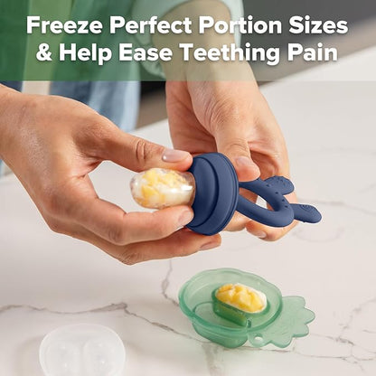 Haakaa Baby Fruit Food Feeder & Mini Freezer Nibble Tray Combo, Breastmilk Popsicle Molds for Baby Cooling Relief, BPA Free Silicone Feeder for Safe Infant Self Feeding, 4 Month+ (Steel Blue)