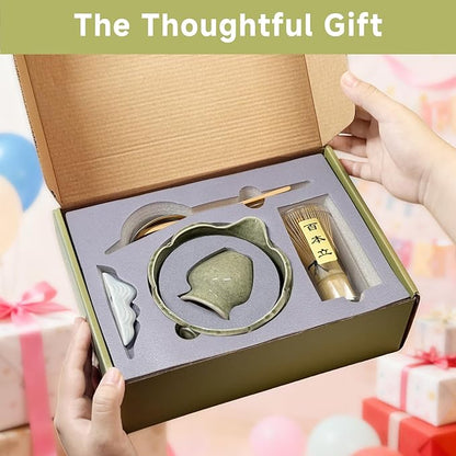Matcha Whisk Set with Ceramic Bowl - Bamboo Whisk (Chasen), Scoop, Sifter & Holder - Complete Kit for Traditional Matcha Tea - Unique Gifts for Tea Lovers (Celadon Lotusl)