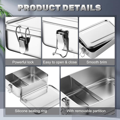 Umigy 1 Pcs Stainless Steel Food Containers 1400ml Metal Bento Lunch Box Stainless Steel Food Storage Containers, Lockable Clips to Leak Proof, Reusable Dishwasher Snack Boxes for Work
