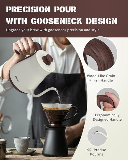 Electric Kettles, 1000W Gooseneck Electric Kettle with 6 Temperature Control Presets, 0.8L/27.05oz, 0.8mm Ultra-Fine Spout, 304 Stainless Steel Inner, Gooseneck Kettle with Auto Shut-Off, Matte White