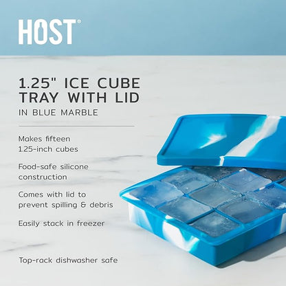 Host Ice Cube Tray with Lid, Makes 15 1.25" Cubes, Durable Silicone Trays, Perfect for Cocktails, Beverages, Mocktails, Iced Coffee, Tea, Infused Water, Kitchen Essentials, Set of 1, Blue Marble