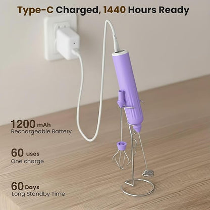 Milk Frother Handheld with 3 Stainless Steel Whisks, Rechargeable Electric Drink Mixer with Stand & Travel Case, Milk Foamer for Coffee, Latte, Cappuccino, Hot Chocolate, Egg,Jam Supplement-Purple