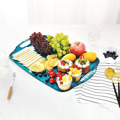 TP Serving Trays with Handles, 19 Inch Large Rectangular Melamine Serving Platter Set of 2, Retro Teal