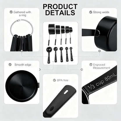 Measuring Cups and Spoons Set, Stainless Steel 10 Piece for Cooking and Baking (5 Cups + 5 Spoons, All Black)