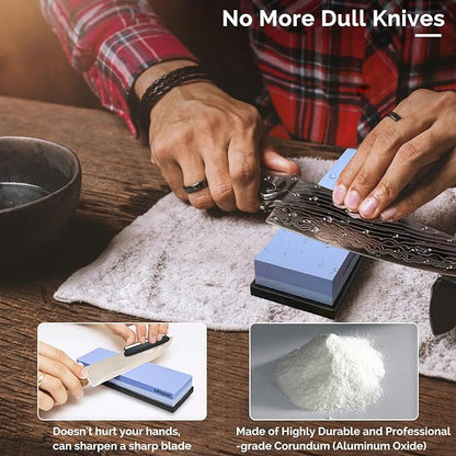 Intelitopia Complete Knife Sharpening Stone Set – Dual Grit Whetstone 400/1000 3000/8000 Knife Sharpener with Leather Strop, Flattening Stone, Bamboo Base, 3 Non-slip Rubber Bases & Angle Guide