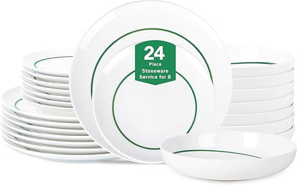 Stone Lain Luna 24-Piece Porcelain Dinnerware Set, Plates and Bowls Set, Dish Set for 8, Green