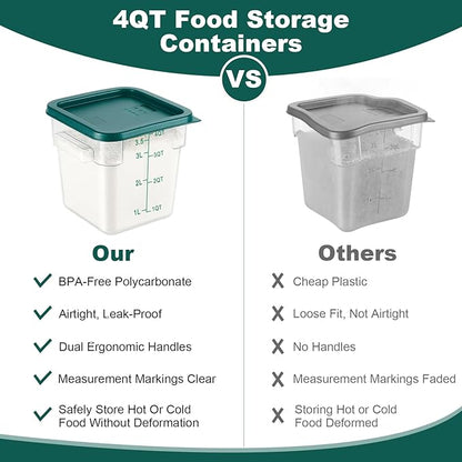 4 Pack 4QT Food Storage Containers with Green Lids, Clear Square Commercial Food Grade Storage Containers with Handles and Scales, BPA-Free Airtight Restaurant Container for Sourdough, Marinating Meat
